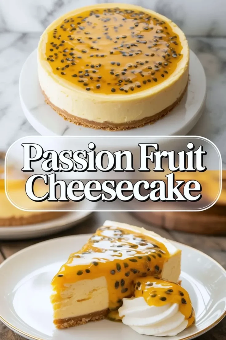 Passion fruit cheesecake recipe shown as a whole baked cheesecake and plated slice with glossy passion fruit topping and whipped cream on a white marble surface.