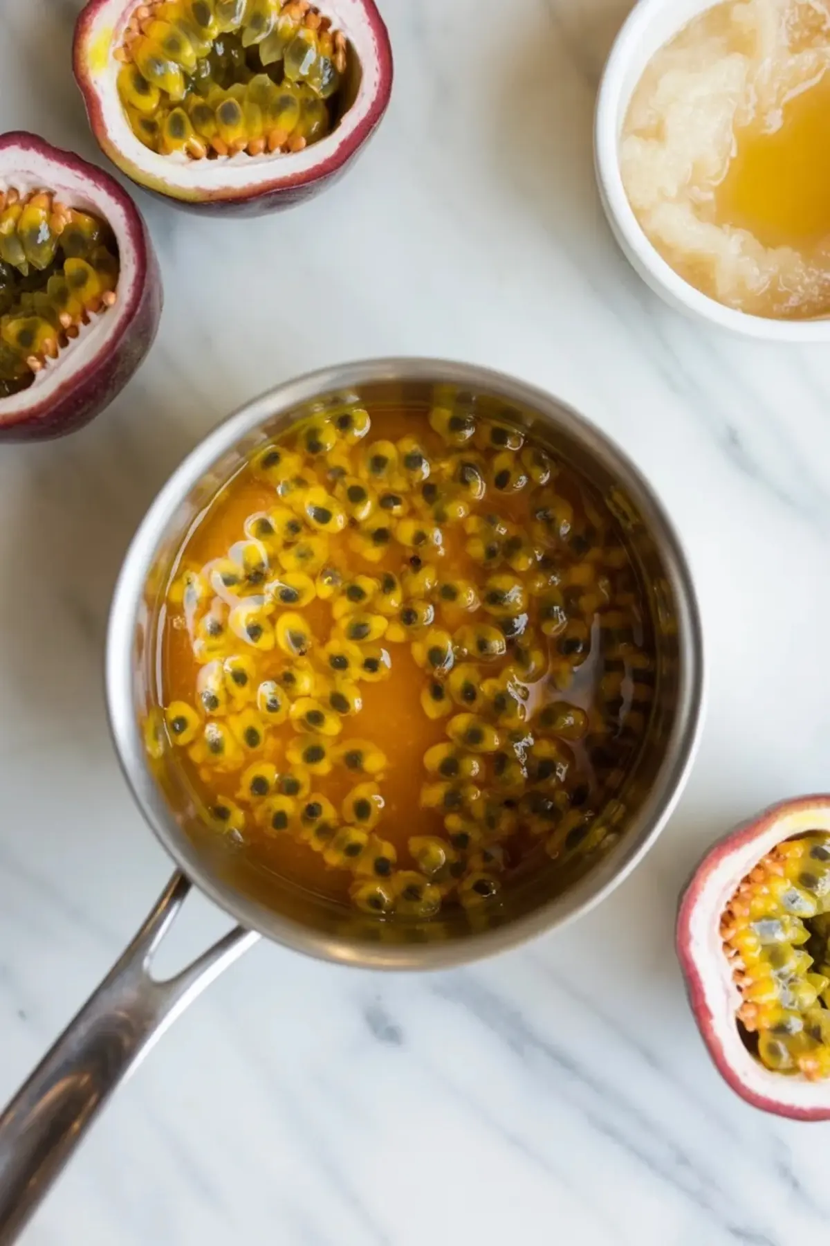 Passion fruit topping cooking in a saucepan with orange pulp, black seeds, and halved fresh passion fruits on a white marble counter.