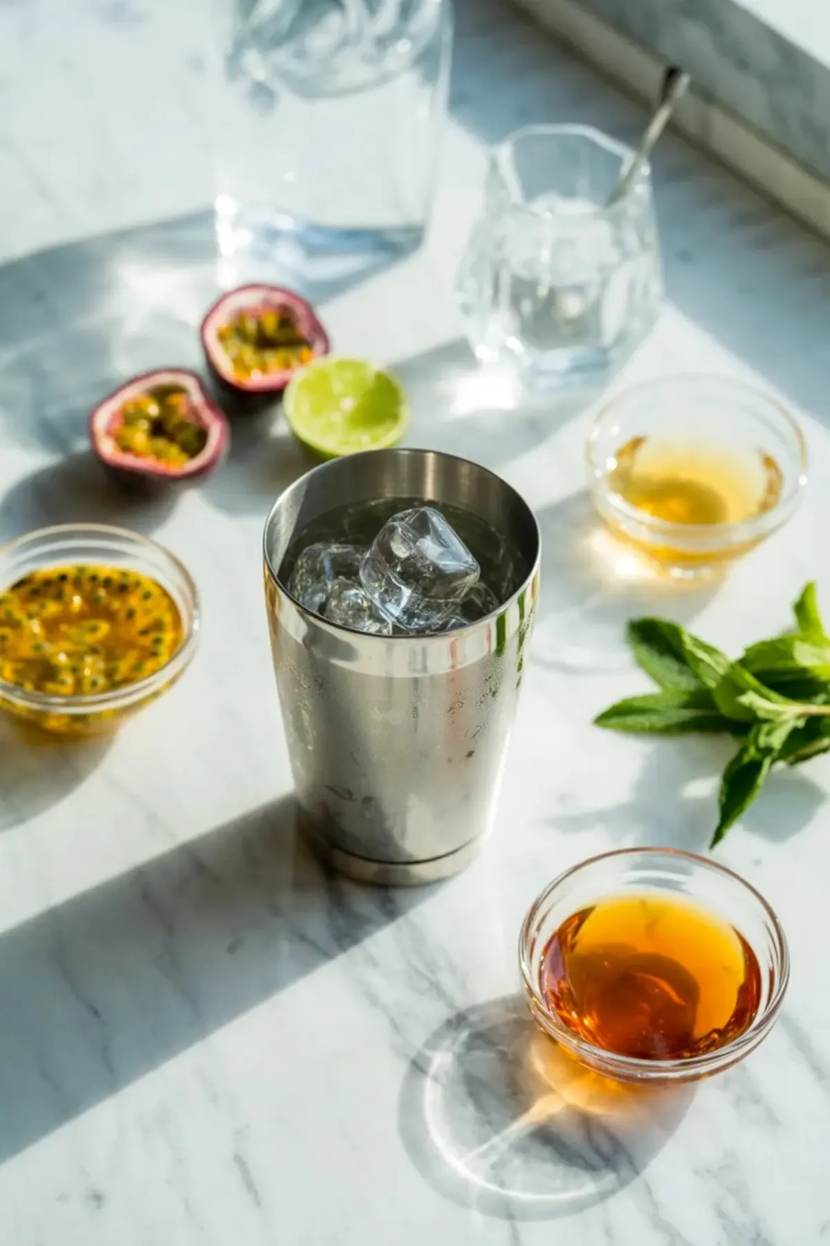 Cocktail shaker setup for a passion fruit martini with halved passion fruit, lime, mint, bottles, and coupe glasses on a white marble surface.