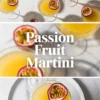 Passion fruit martini served in coupe glasses with halved passion fruit garnish, shown as a tall tropical cocktail hero image with title text on a white marble background.