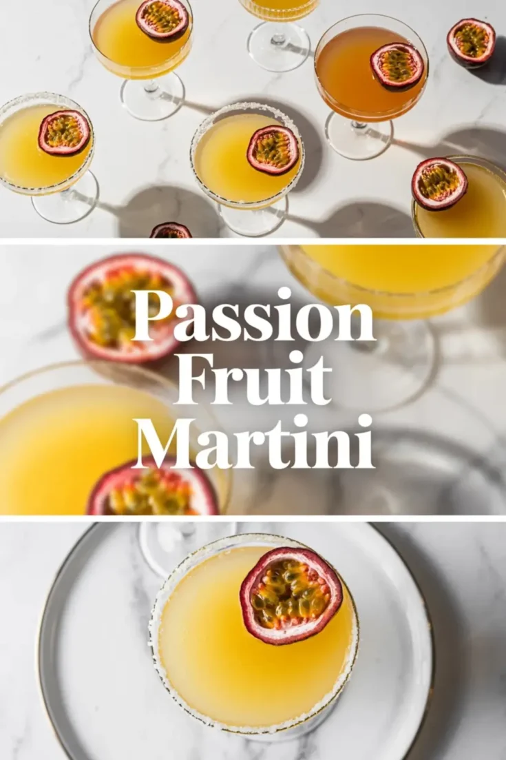Passion fruit martini served in coupe glasses with halved passion fruit garnish, shown as a tall tropical cocktail hero image with title text on a white marble background.