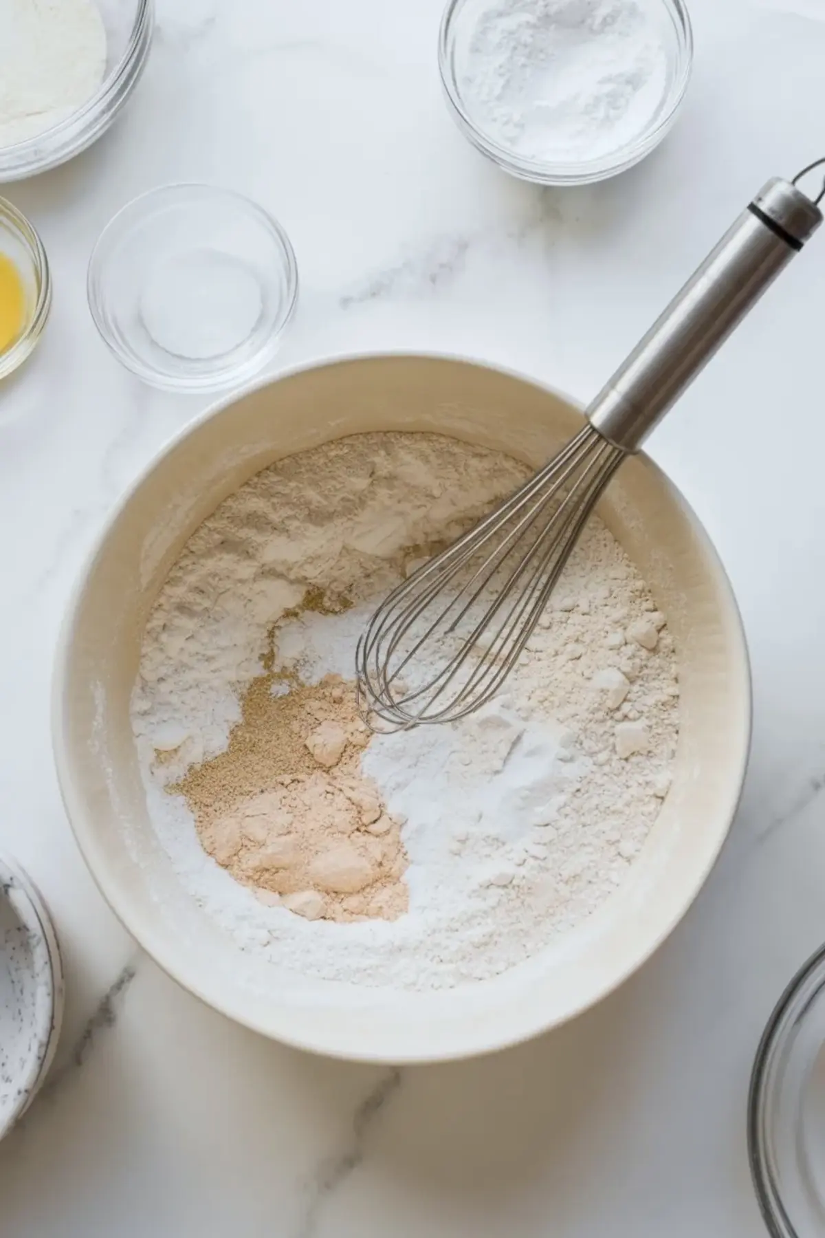 Dry ingredients for patriotic whoopie pies sit in a mixing bowl with a whisk on a white marble surface.
