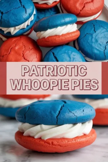 Patriotic whoopie pies with red and blue cake cookies and fluffy white filling are stacked together with title text overlay.