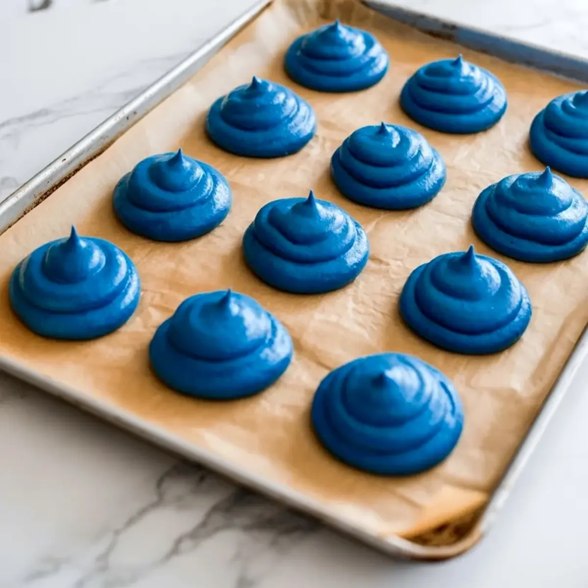 Blue whoopie pie batter is scooped onto a parchment lined baking sheet in even rounds ready to bake.