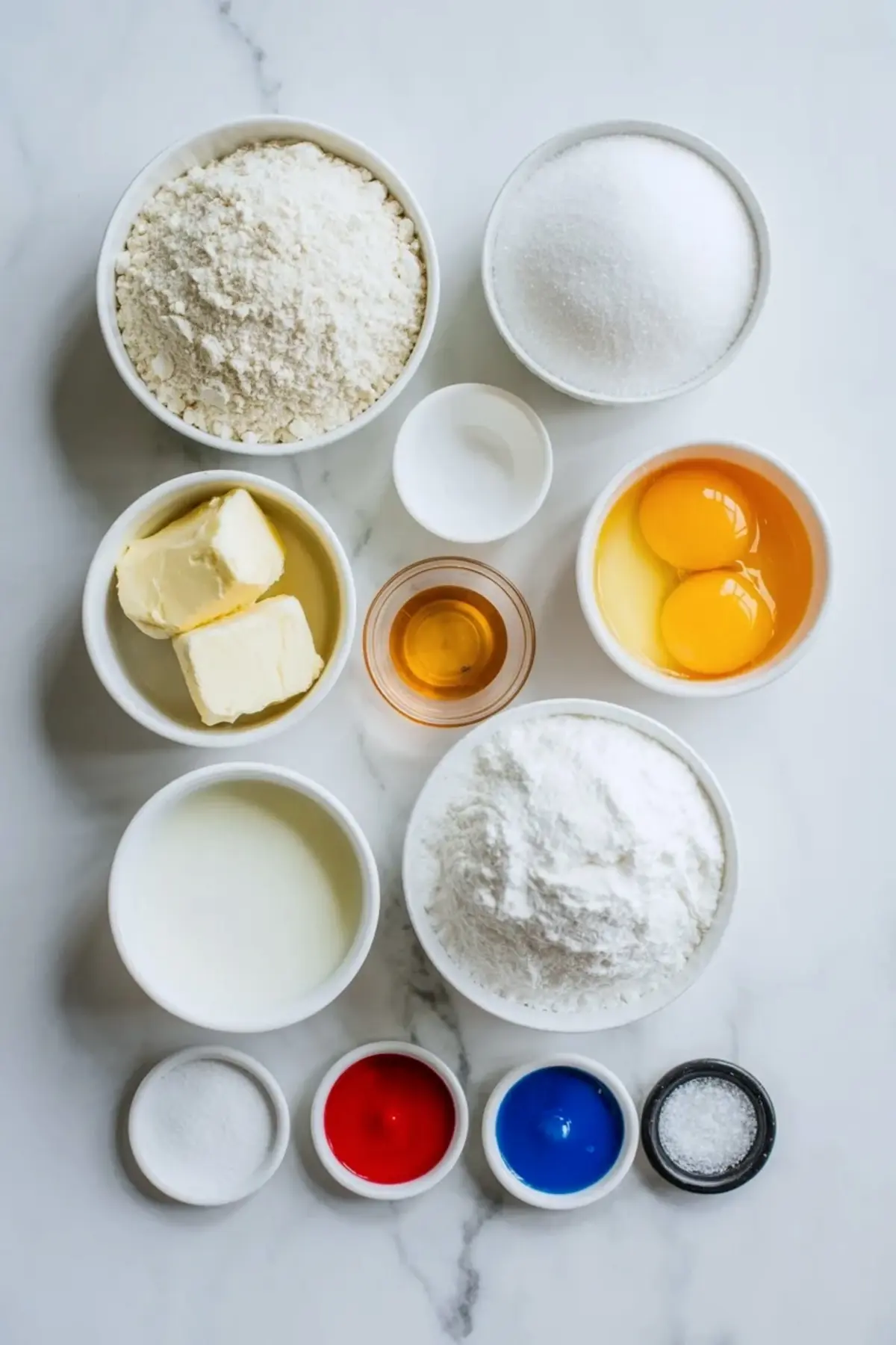 Ingredients for patriotic whoopie pies are arranged in bowls with flour, sugar, butter, eggs, buttermilk, and red and blue food coloring.