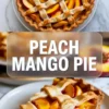 Peach mango pie hero image showing a whole lattice pie and a plated slice with recipe title text on a bright summer dessert background.