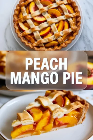 Peach mango pie hero image showing a whole lattice pie and a plated slice with recipe title text on a bright summer dessert background.