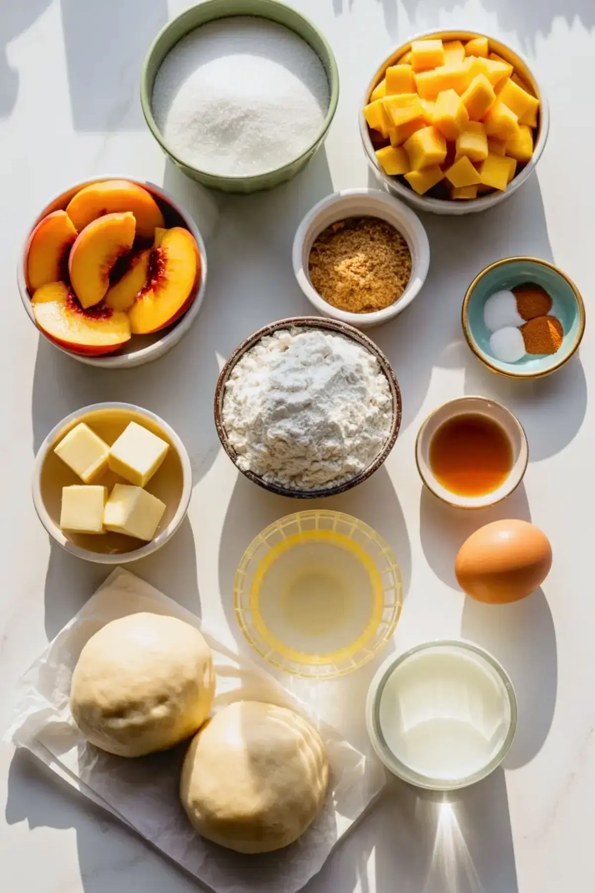 Ingredients for peach mango pie arranged overhead with peaches, mango, sugar, butter, dough, spices, egg, and baking staples.