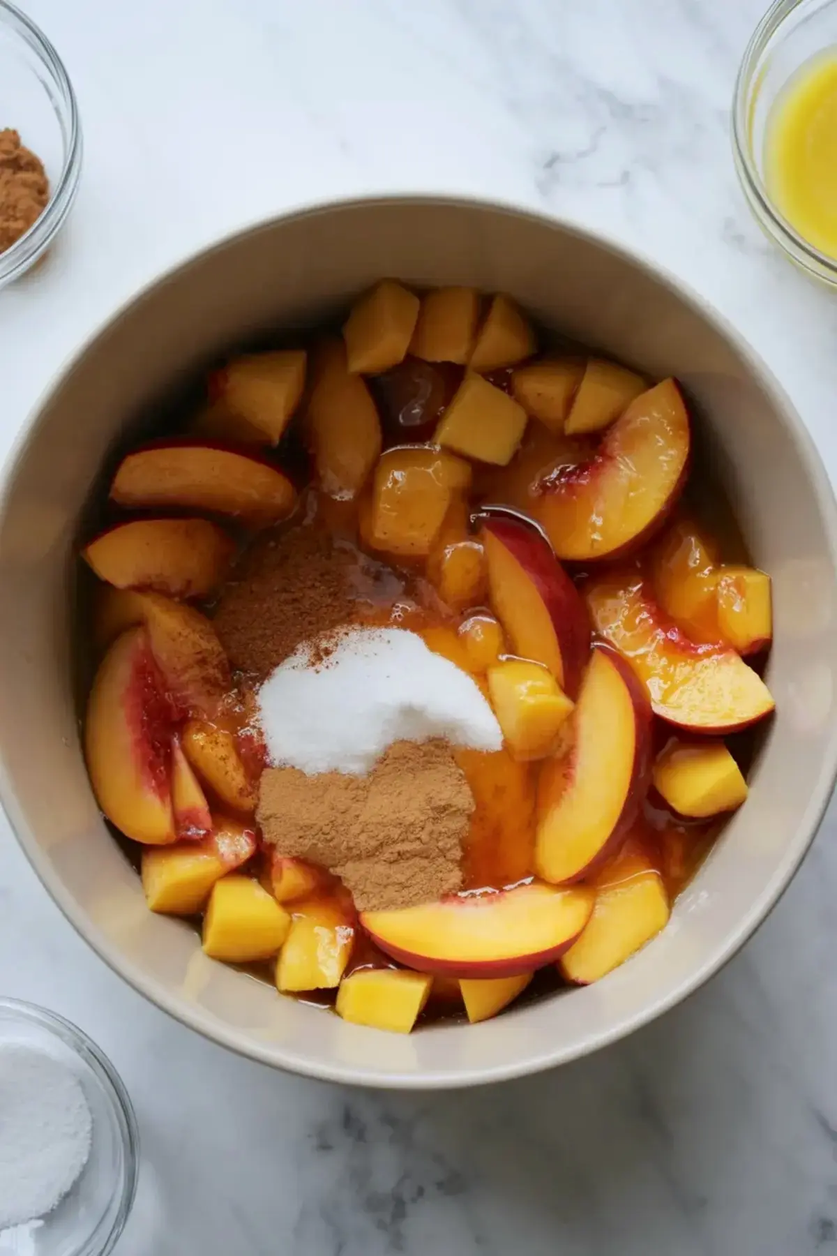 Peach mango pie filling in a bowl with sliced peaches, diced mango, sugar, and spices before assembling the pie.