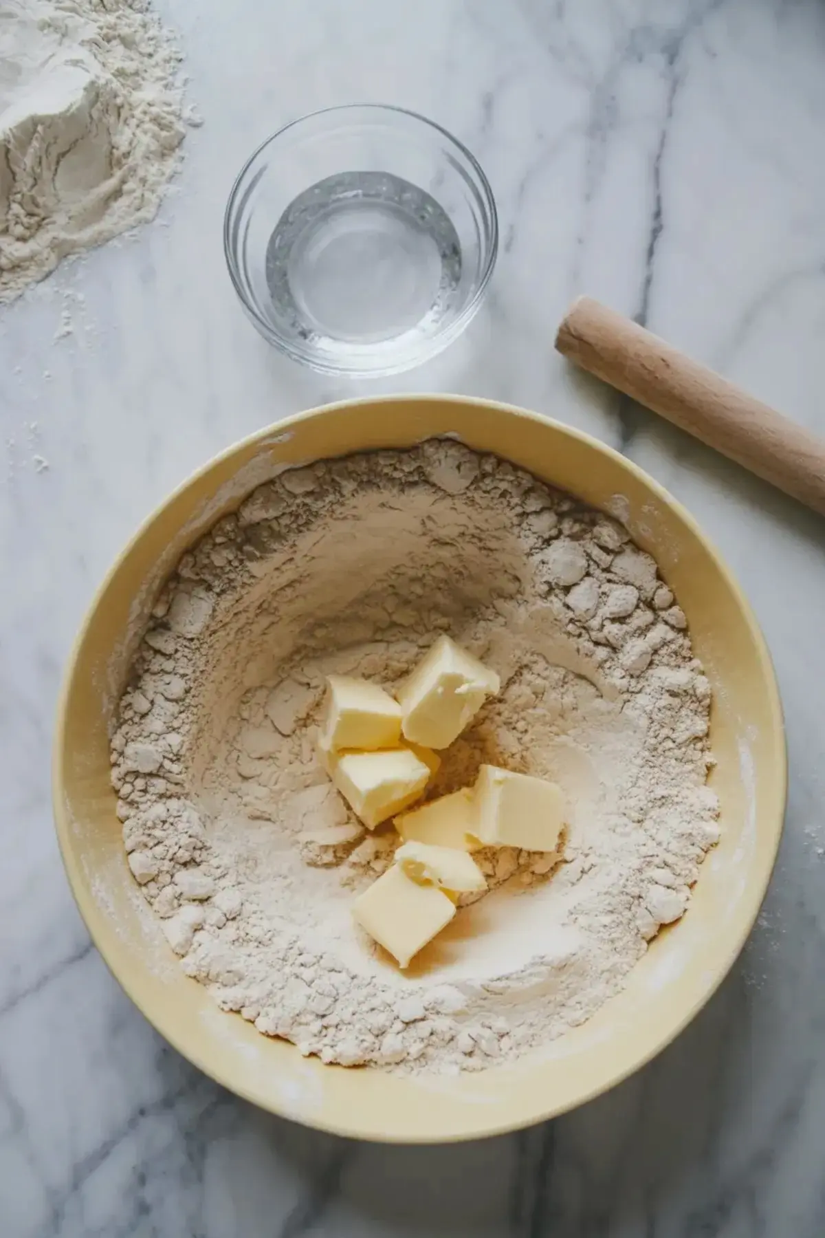 Pie dough ingredients for peach mango pie in a mixing bowl with butter cubes, water, and a rolling pin for crust preparation.