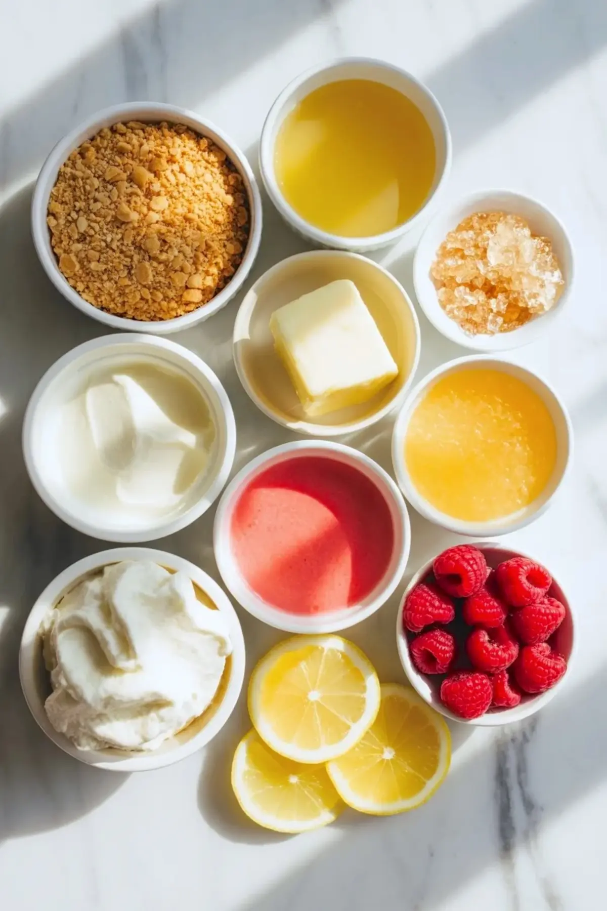 Ingredients for pink lemonade pie on white marble with graham crumbs, butter, cream cheese, whipped topping, pink lemonade mixture, lemons, and raspberries.
