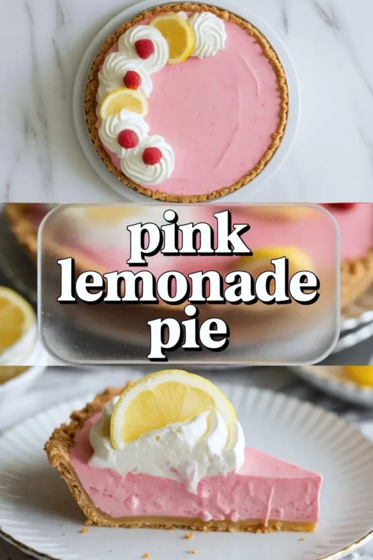 Pink lemonade pie recipe shown as a whole pink pie and slice with whipped cream, lemon slices, and raspberries on a white marble surface.