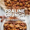Praline crunch collage with caramel coated Crispix cereal and pecans in a bowl and on parchment