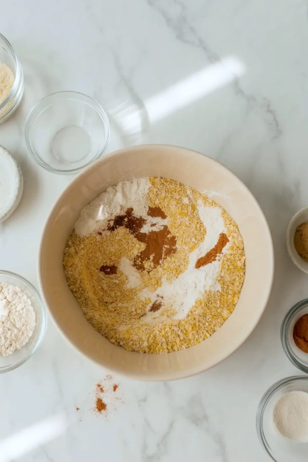 Dry ingredients for pumpkin cornbread mixed in a bowl with cornmeal, flour, baking powder, cinnamon, and nutmeg.