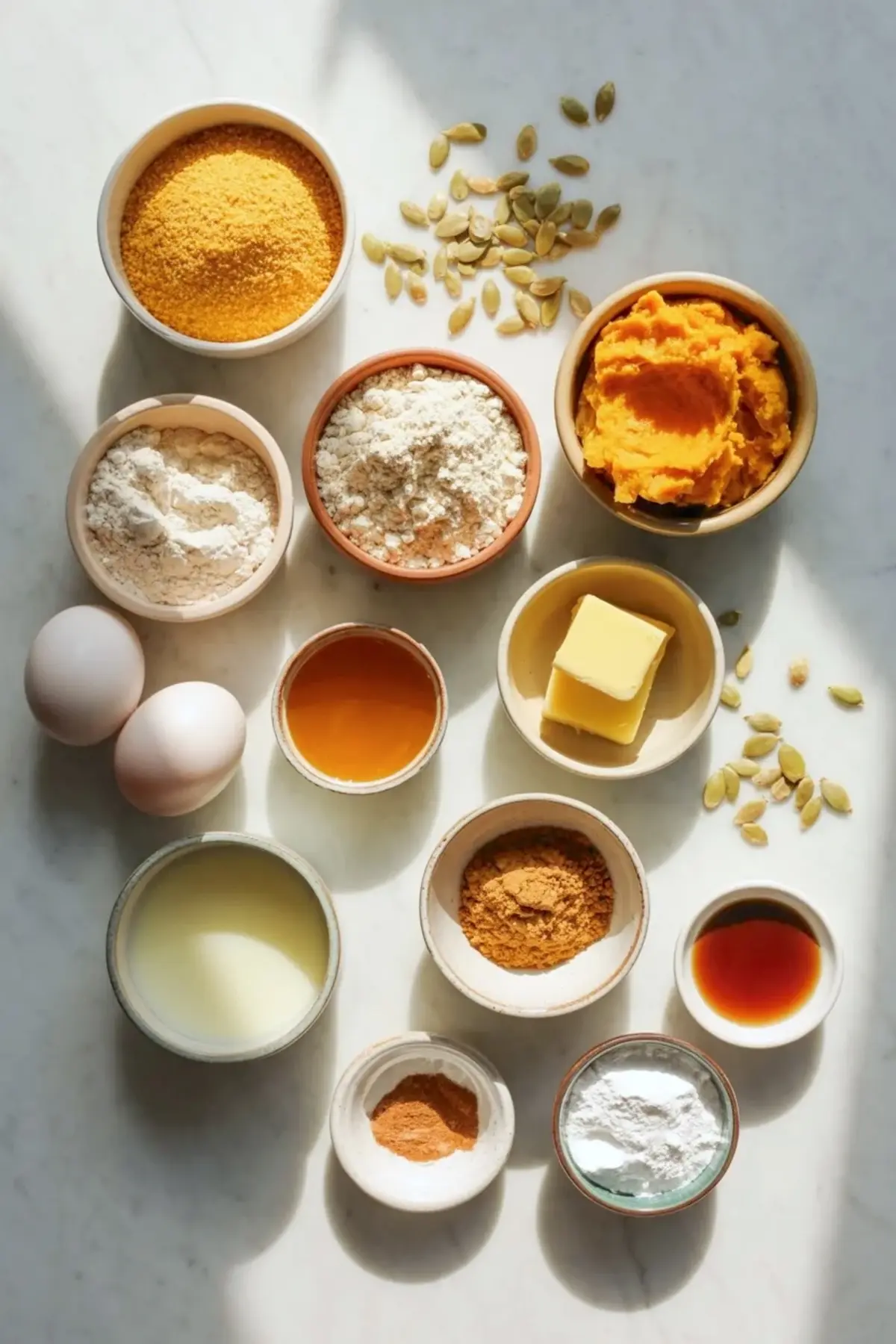 Ingredients for pumpkin cornbread with pumpkin puree, cornmeal, flour, eggs, butter, milk, syrup, spices, and pumpkin seeds arranged on a white surface.