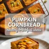 Pumpkin cornbread hero image with baked pumpkin cornbread squares, title text, and a plated square drizzled with syrup and topped with pumpkin seeds.