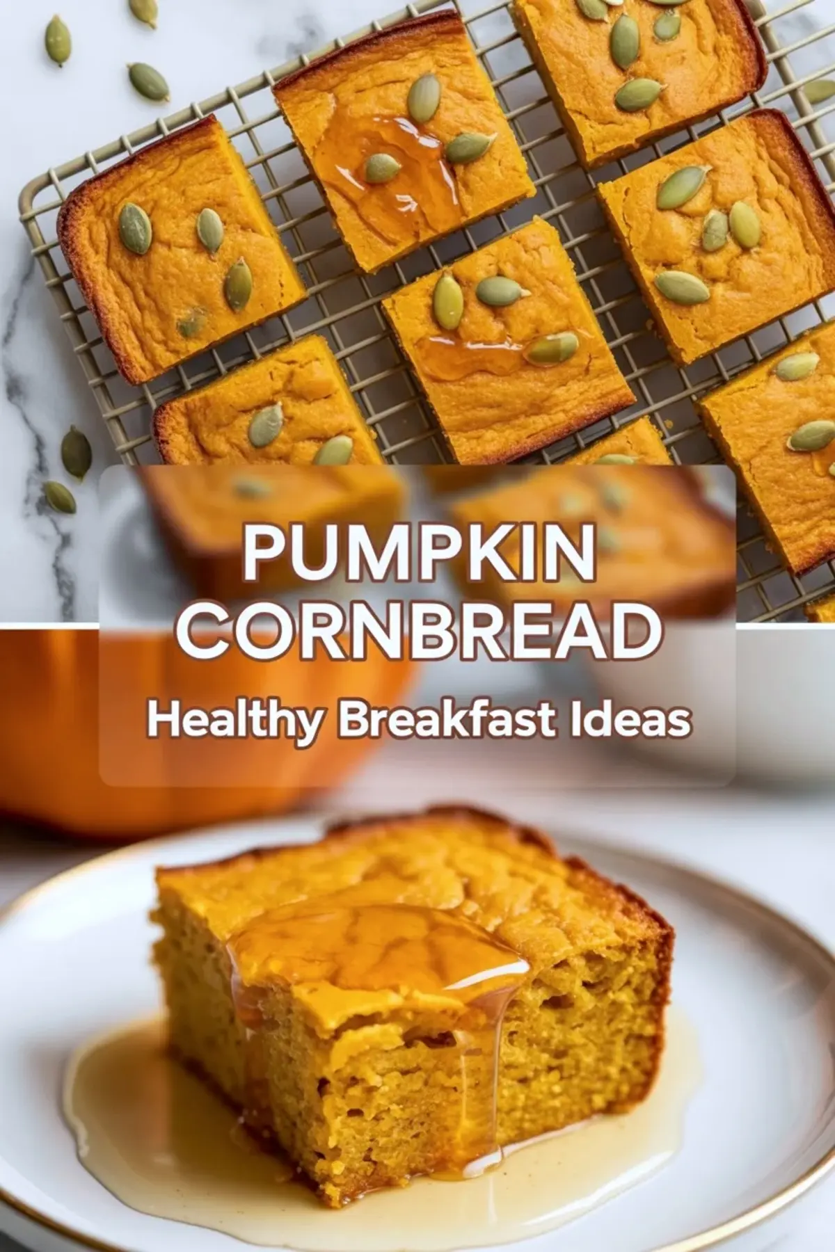 Pumpkin cornbread collage with baked squares in the pan, title text, and a plated square topped with syrup for serving.
