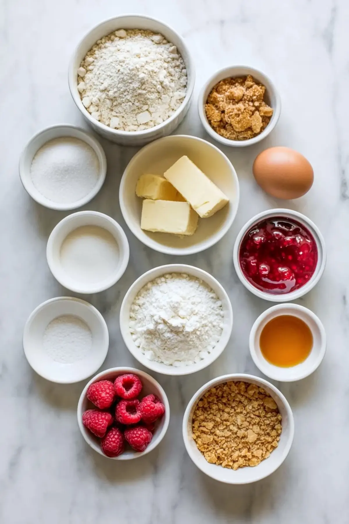 Ingredients for raspberry cheesecake cookies with flour, butter, sugar, brown sugar, egg, raspberries, jam, vanilla, powdered sugar, and graham cracker crumbs arranged on a white surface.