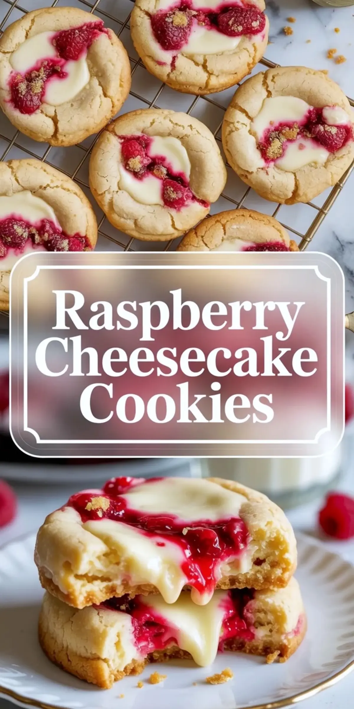 Tall raspberry cheesecake cookies collage with baked cookies on a cooling rack, title panel, and stacked cookies with raspberry topping and creamy cheesecake centers.