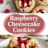 Raspberry cheesecake cookies hero image with baked cookies on a cooling rack, title text, and stacked cookies with creamy cheesecake filling and raspberry topping flowing over the edges.