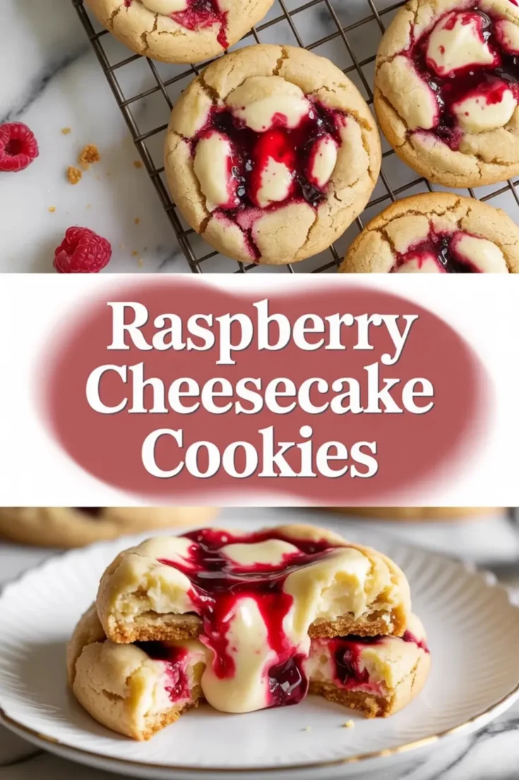 Raspberry cheesecake cookies hero image with baked cookies on a cooling rack, title text, and stacked cookies with creamy cheesecake filling and raspberry topping flowing over the edges.