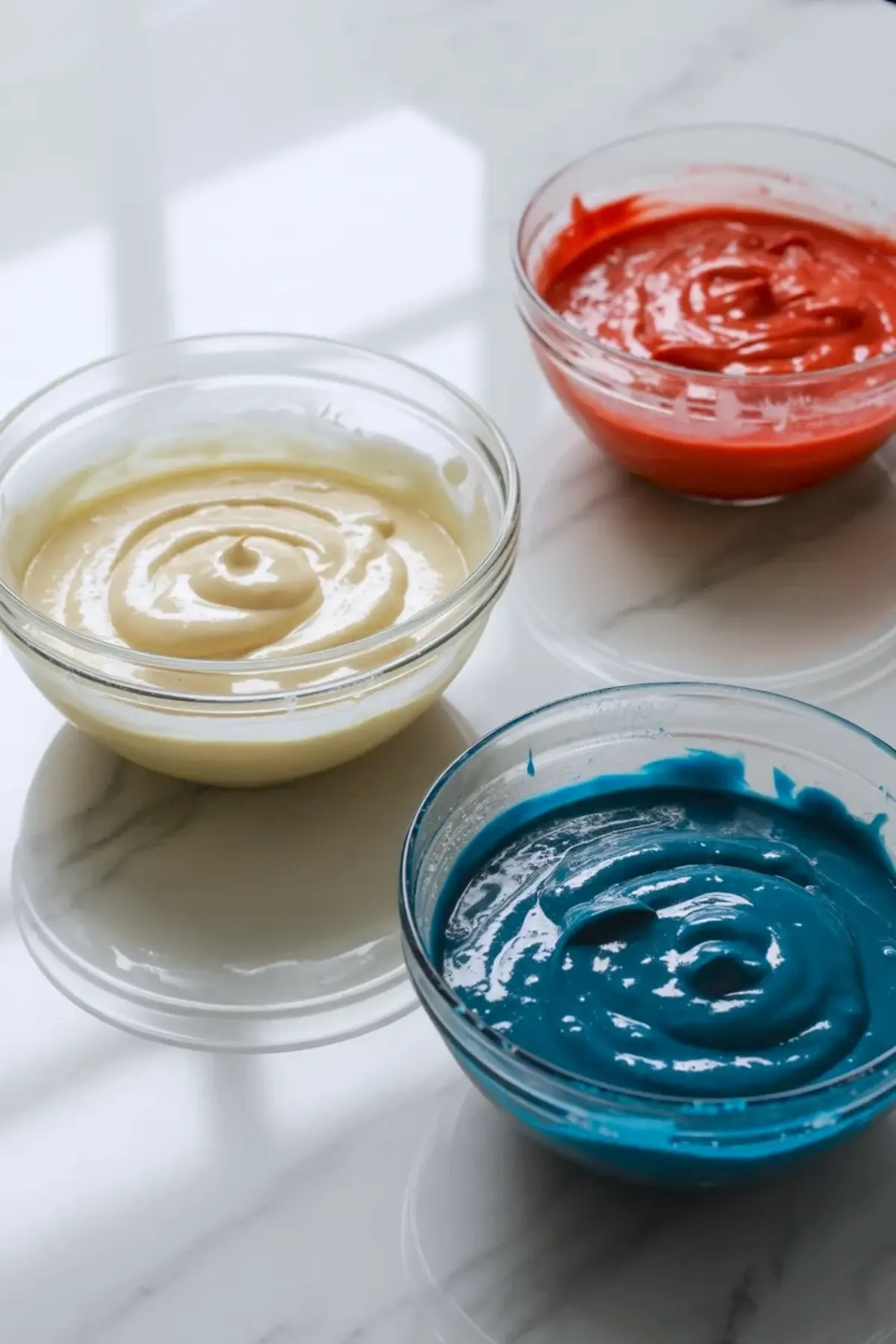 Three bowls of vanilla, red, and blue batter for red white and blue marble cake sit on a white marble surface before the batter is swirled into the pan.