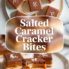 Salted caramel cracker bites stacked on a plate with glossy chocolate tops, flaky sea salt, and a cut piece showing the soft caramel layer over the crisp cracker base.