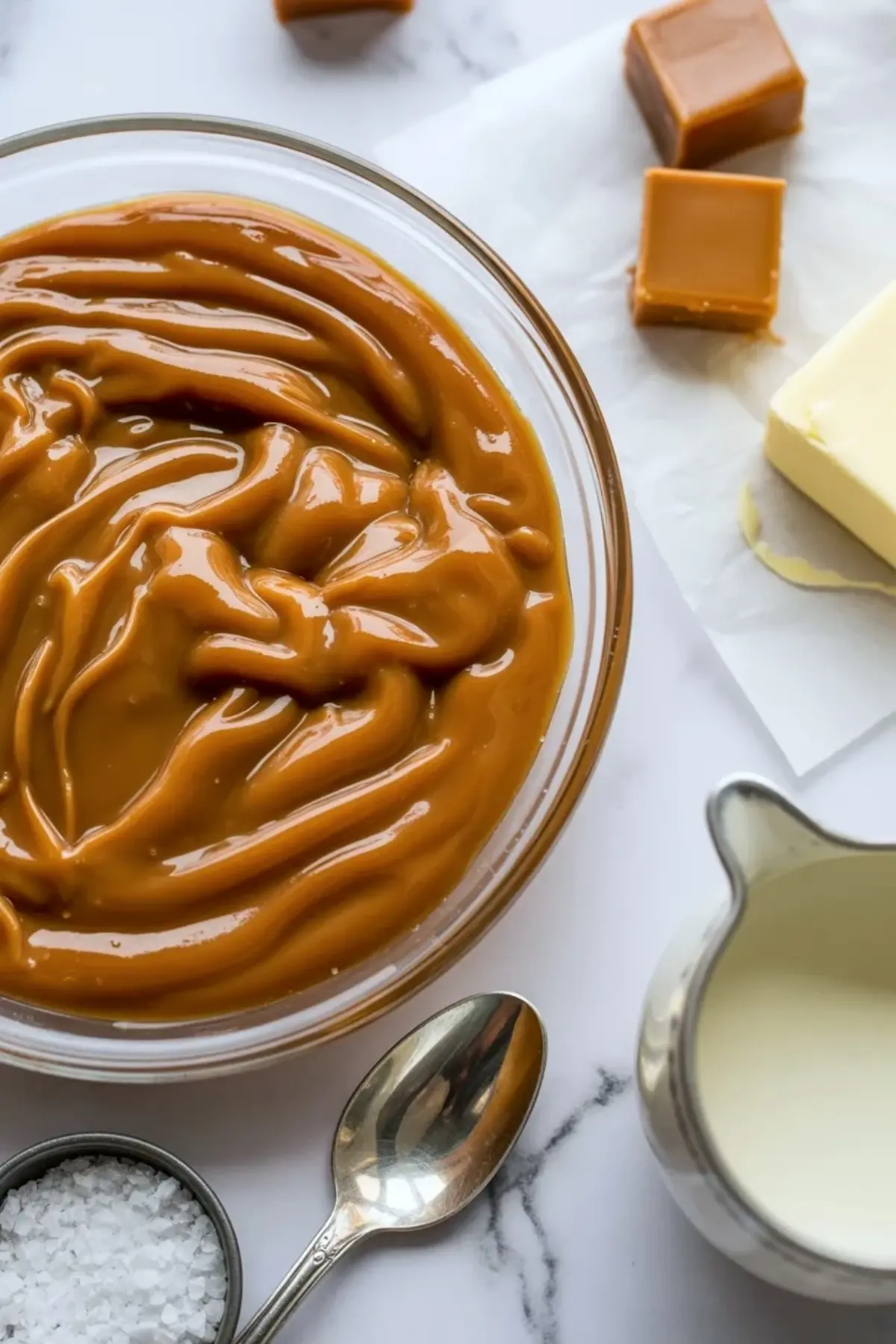 Smooth caramel filling for salted caramel cracker bites in a glass bowl with cream, butter, caramel candies, and sea salt nearby on white marble.