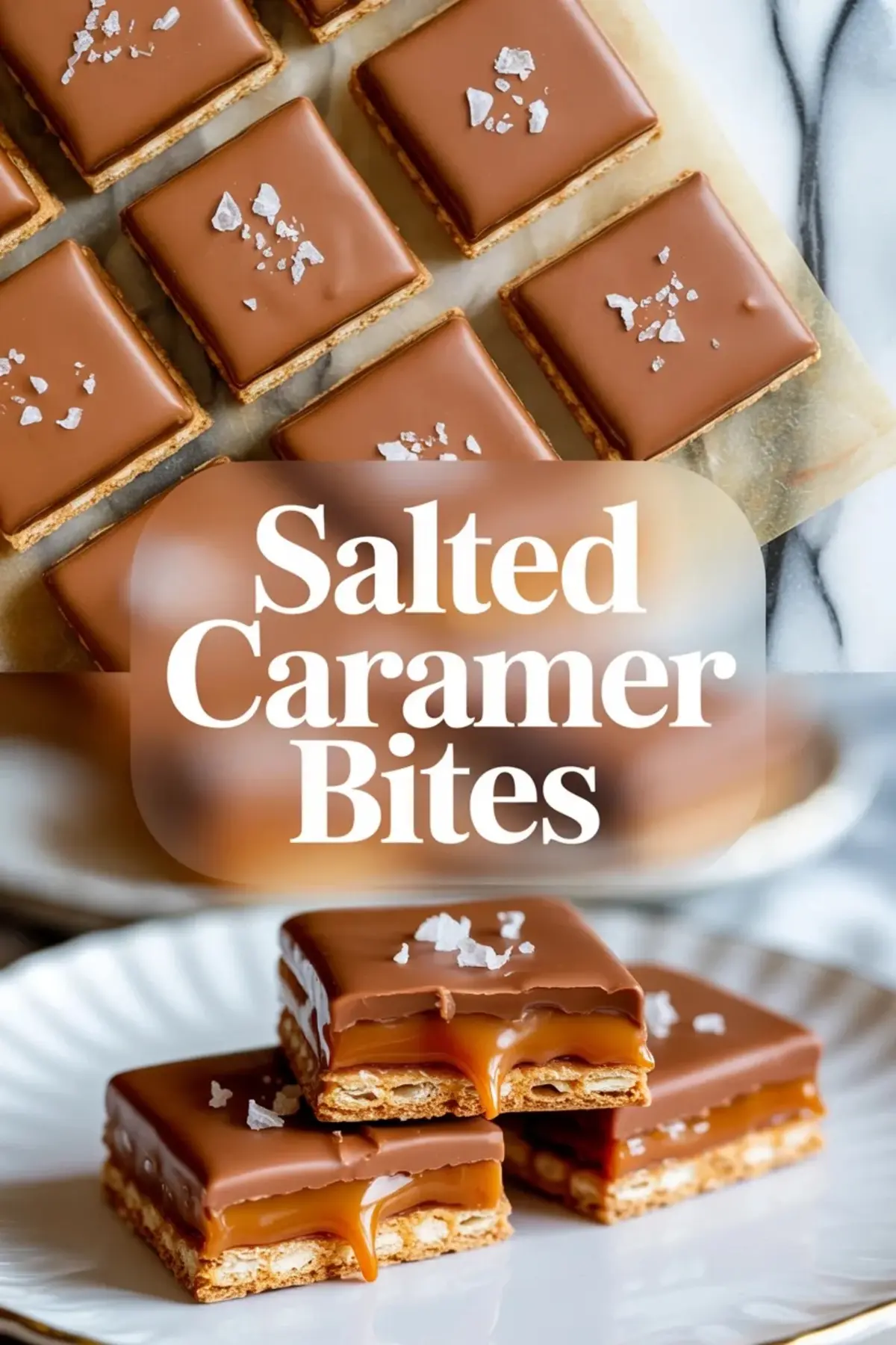 Tall salted caramel cracker bites collage with finished chocolate topped squares on parchment and stacked cut bars showing the gooey caramel layer and flaky sea salt finish.