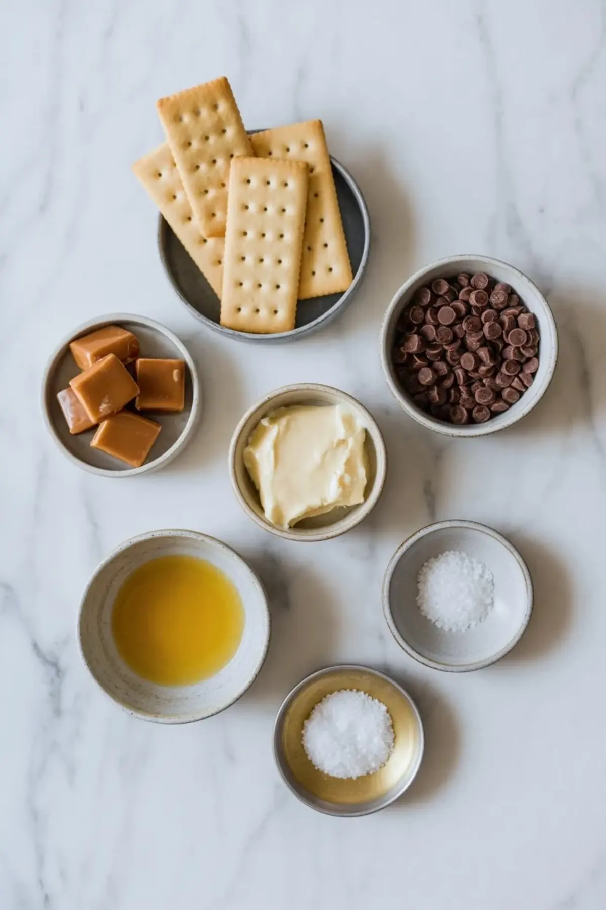Overhead salted caramel cracker bites ingredient setup with rectangular crackers, caramel candies, chocolate chips, melted butter, extra butter, sea salt, and flaky salt on white marble.