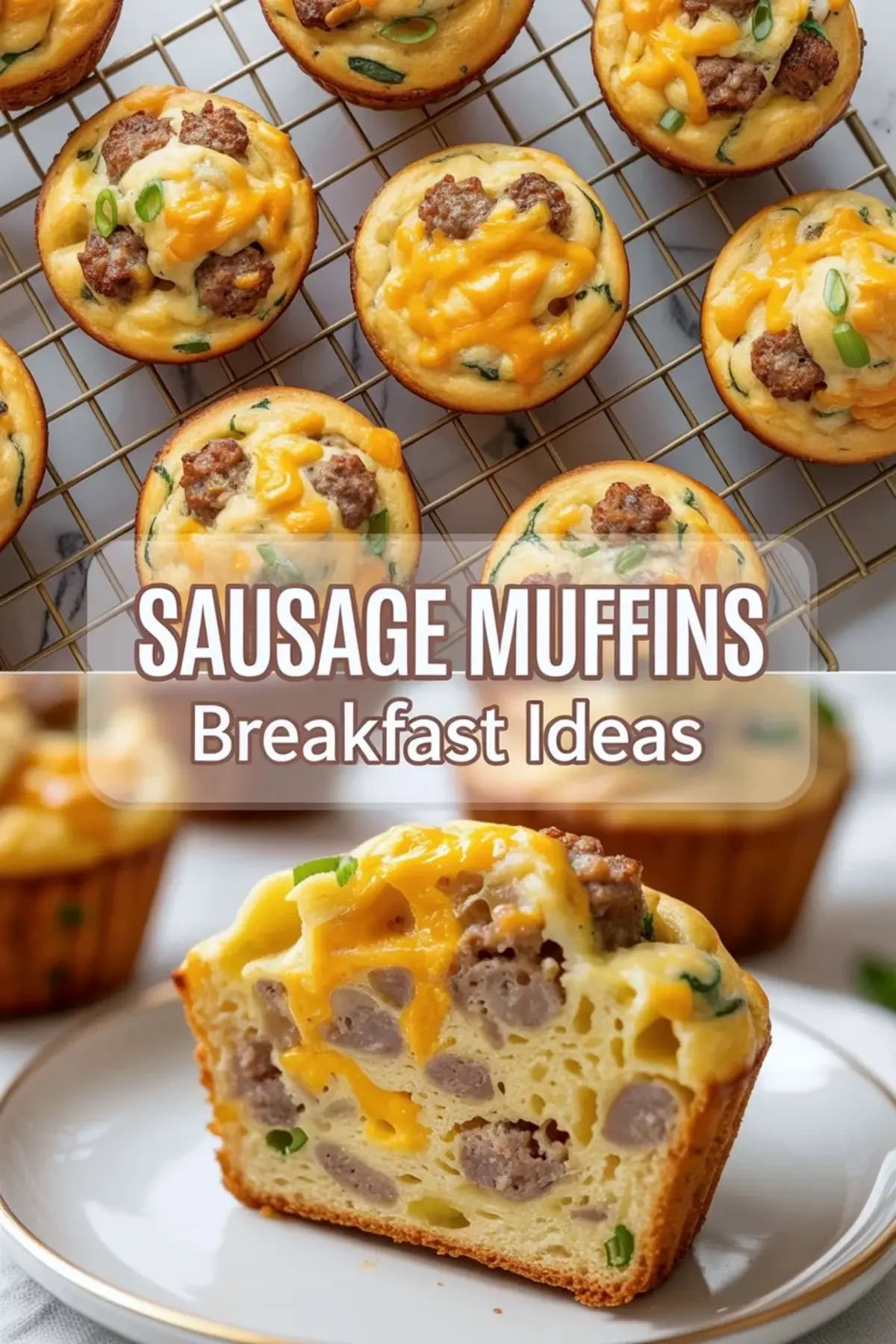 Sausage breakfast muffins collage with finished muffins on a cooling rack, cut-open muffin, and recipe title text for a savory breakfast serving view.