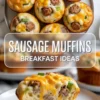 Sausage breakfast muffins hero image showing finished cheesy muffins and a cut-open muffin with recipe title text on a bright breakfast background.