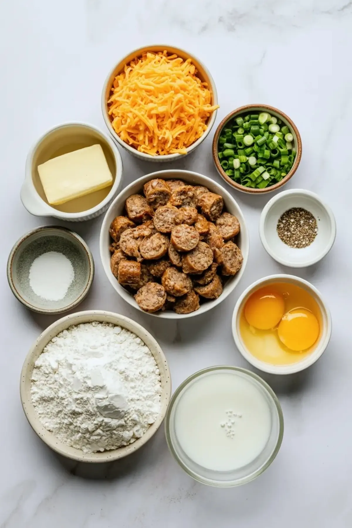 Ingredients for sausage breakfast muffins arranged overhead with sausage, eggs, milk, flour, cheddar cheese, green onions, butter, and seasonings.
