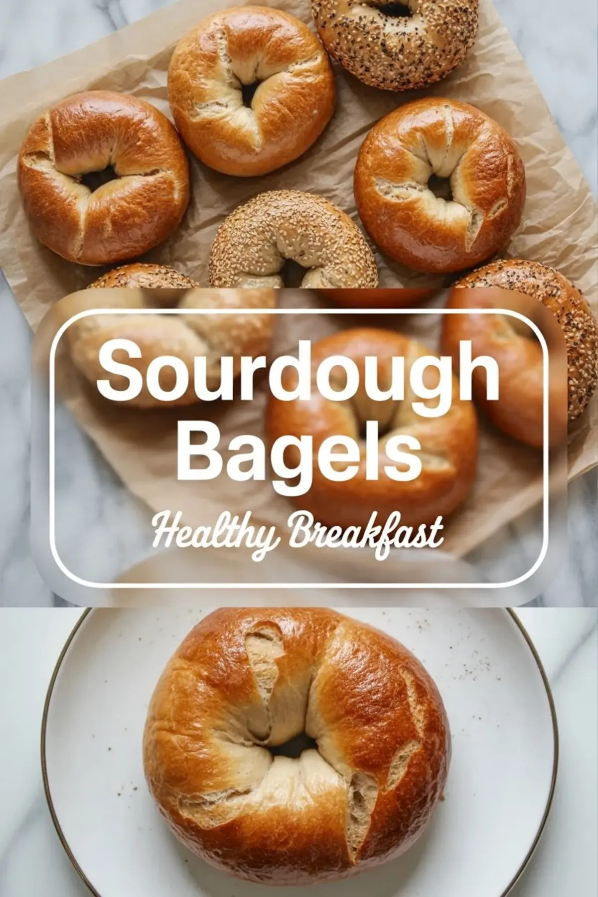 Finished sourdough bagels arranged with a plated bagel and title panel, highlighting the golden crust and chewy breakfast-style finish.