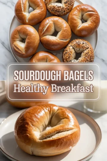 Sourdough bagels hero image with golden homemade bagels on a plate, breakfast styling, and recipe title text on a bright kitchen background.