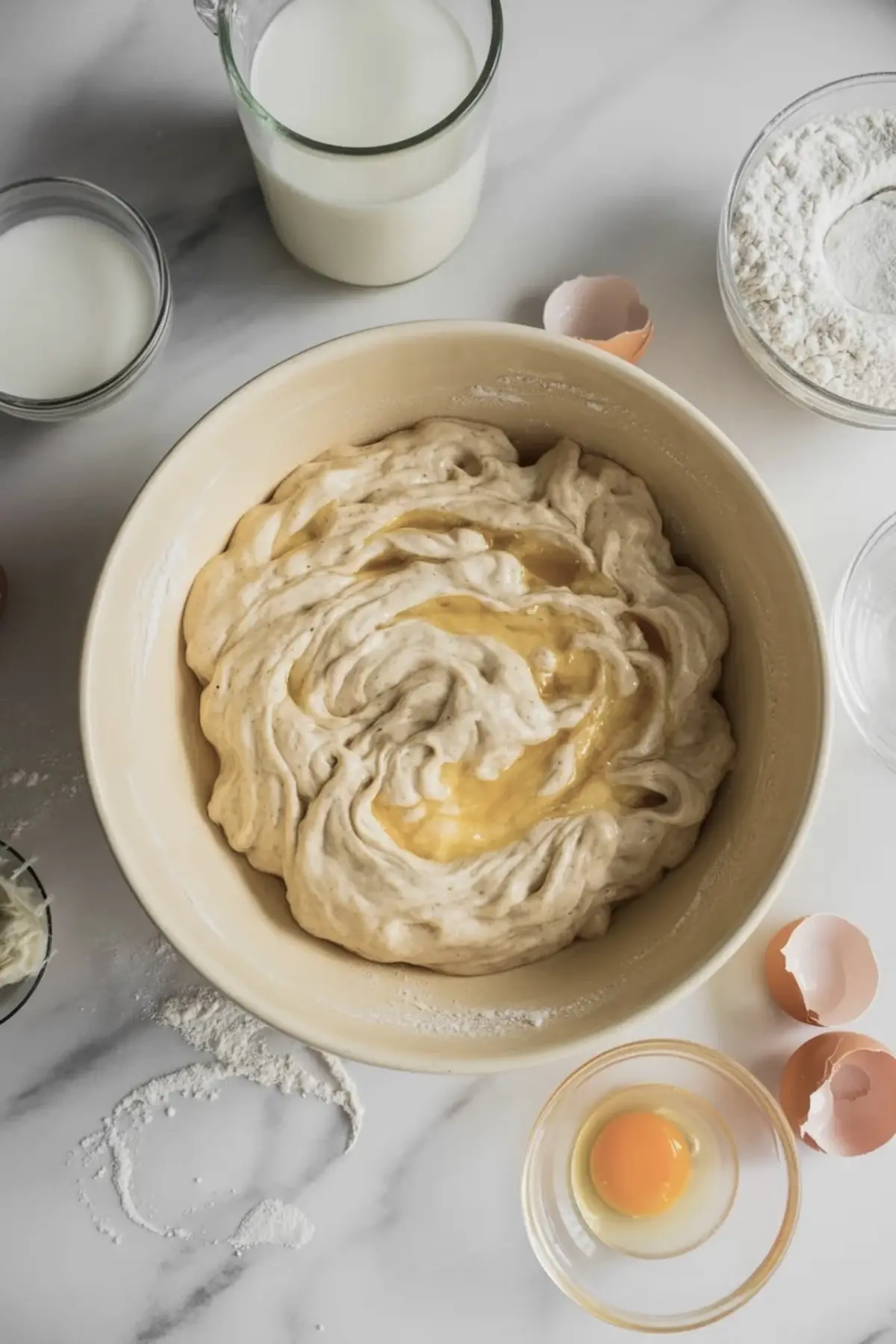 Sourdough donut hole dough in a bowl with eggs, milk, and flour nearby as the enriched dough is mixed together.