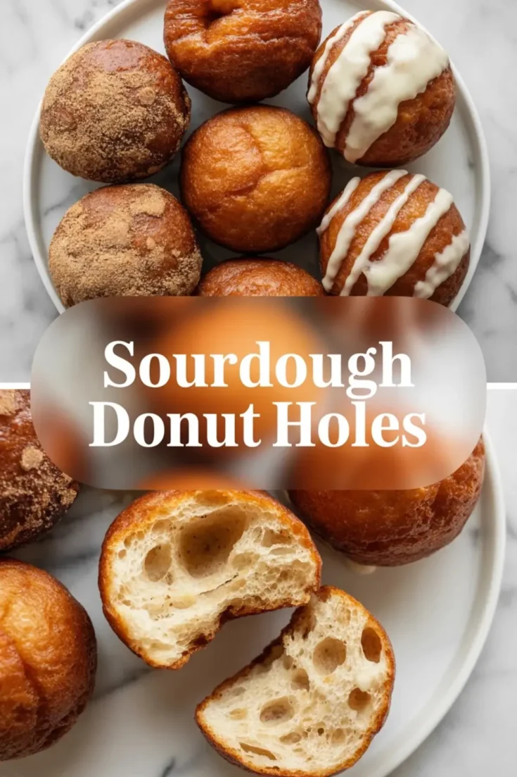 Sourdough donut holes hero image with glazed and cinnamon sugar donut holes on a plate, title text, and a cut donut hole showing the airy interior.