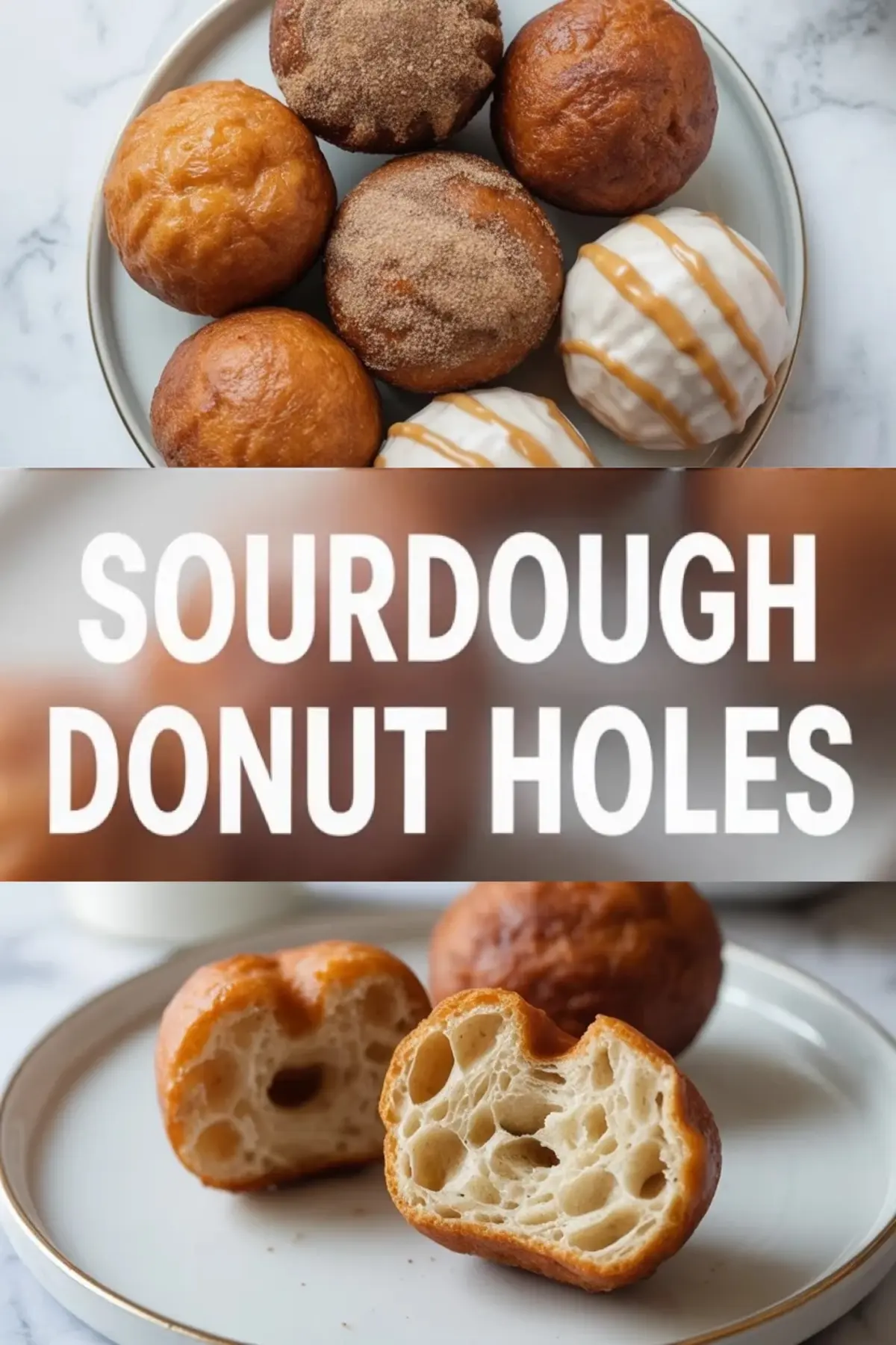 Finished sourdough donut holes on a plate with cinnamon sugar and glaze, showing golden fried tops and soft interiors.