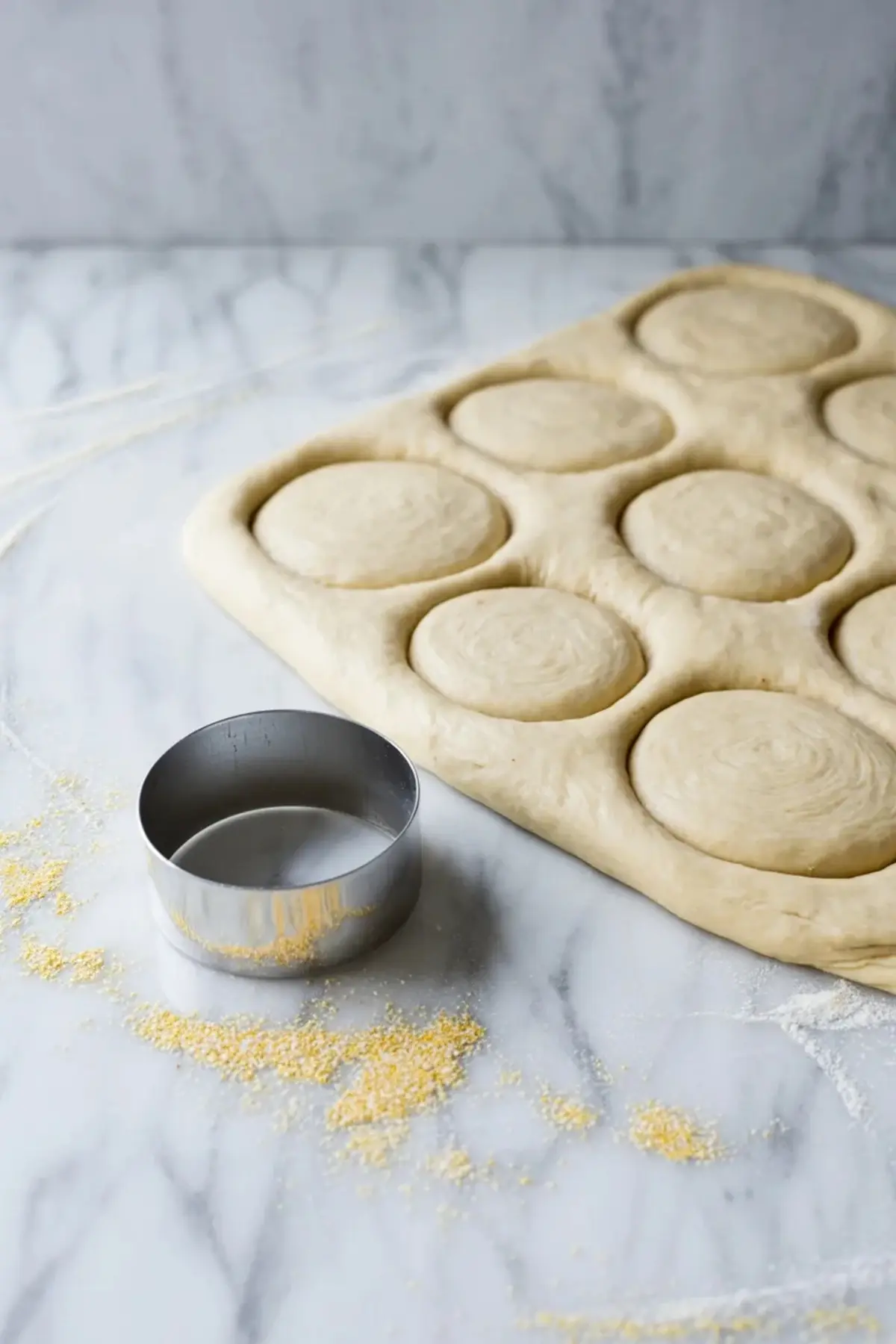 Sourdough English muffin dough rolled out and cut into rounds with a biscuit cutter on a floured surface.