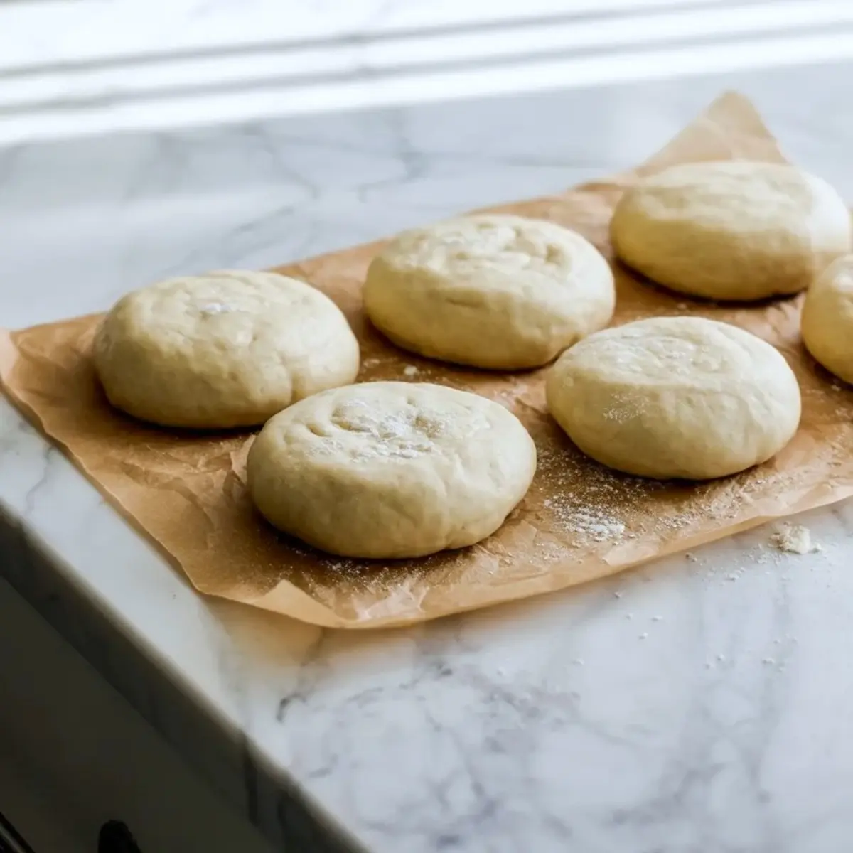 Raw sourdough English muffin rounds resting on parchment after cutting and before griddle cooking.