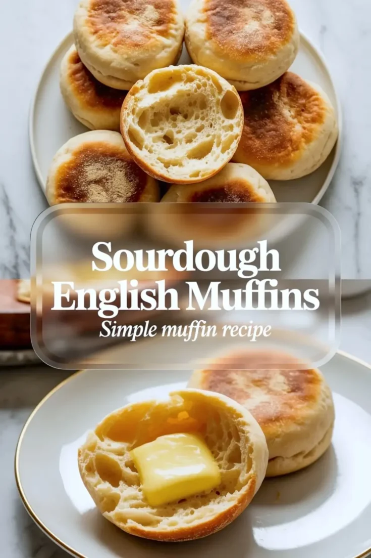 Sourdough English muffins hero image with finished muffins, split crumb, buttered muffin, and recipe title text on a light breakfast background.