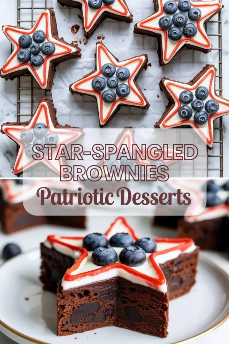 Star-spangled brownies are shown finished on a cooling rack in a patriotic hero collage with title overlay.