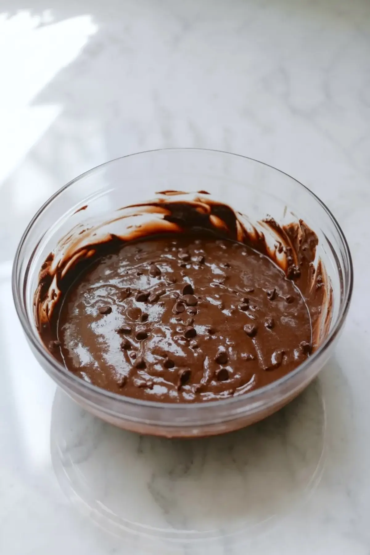 Chocolate chips are folded into brownie batter in a bowl for star-spangled brownies before the batter is baked.