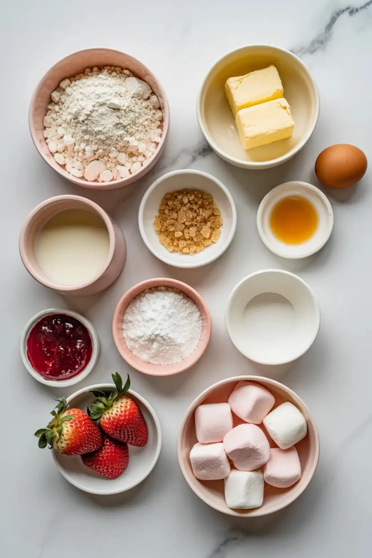 Ingredients for strawberry marshmallow cookies with flour, butter, egg, vanilla, strawberry jam, powdered sugar, milk, strawberries, and marshmallows arranged on a white marble surface.