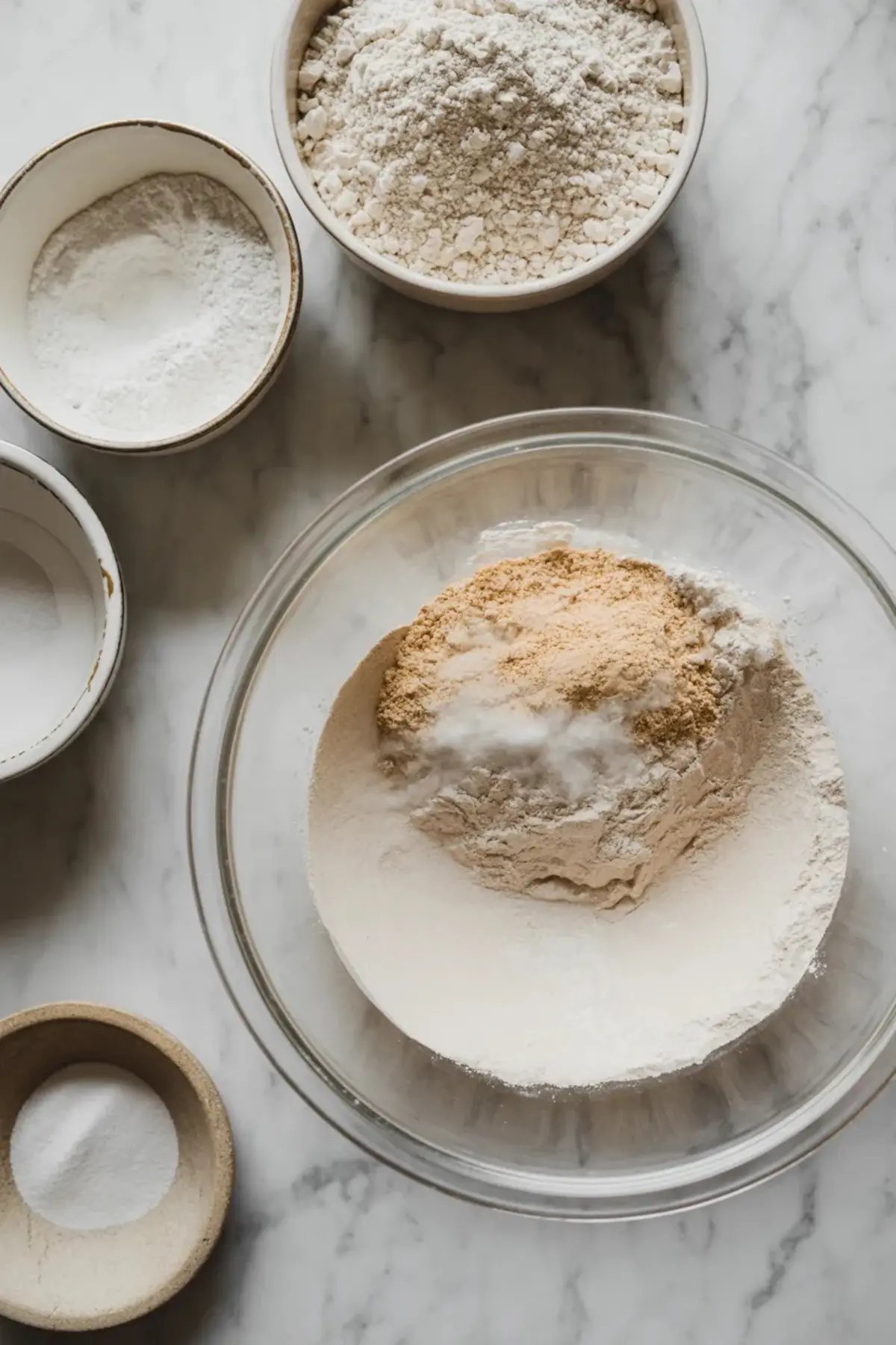 Dry ingredients for strawberry marshmallow cookies in a bowl with flour and leavening measured for mixing.