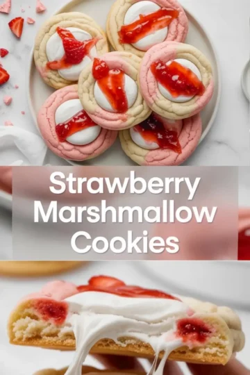Strawberry marshmallow cookies hero image with pink and vanilla cookies topped with marshmallow centers, strawberry glaze, and sliced strawberries over title text.