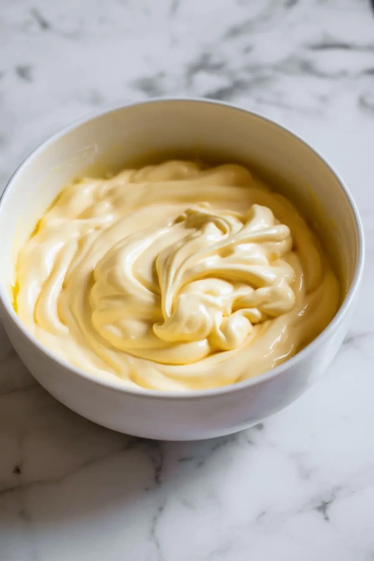 Pale tiramisu ice cream base sits in a white bowl after the mascarpone and custard mixture has been blended smooth.