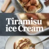 Tiramisu ice cream is shown in a loaf pan with a plated scoop, cocoa topping, and title overlay in a finished hero image.