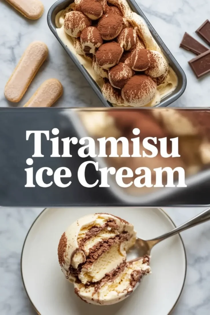 Tiramisu ice cream is shown in a loaf pan with a plated scoop, cocoa topping, and title overlay in a finished hero image.