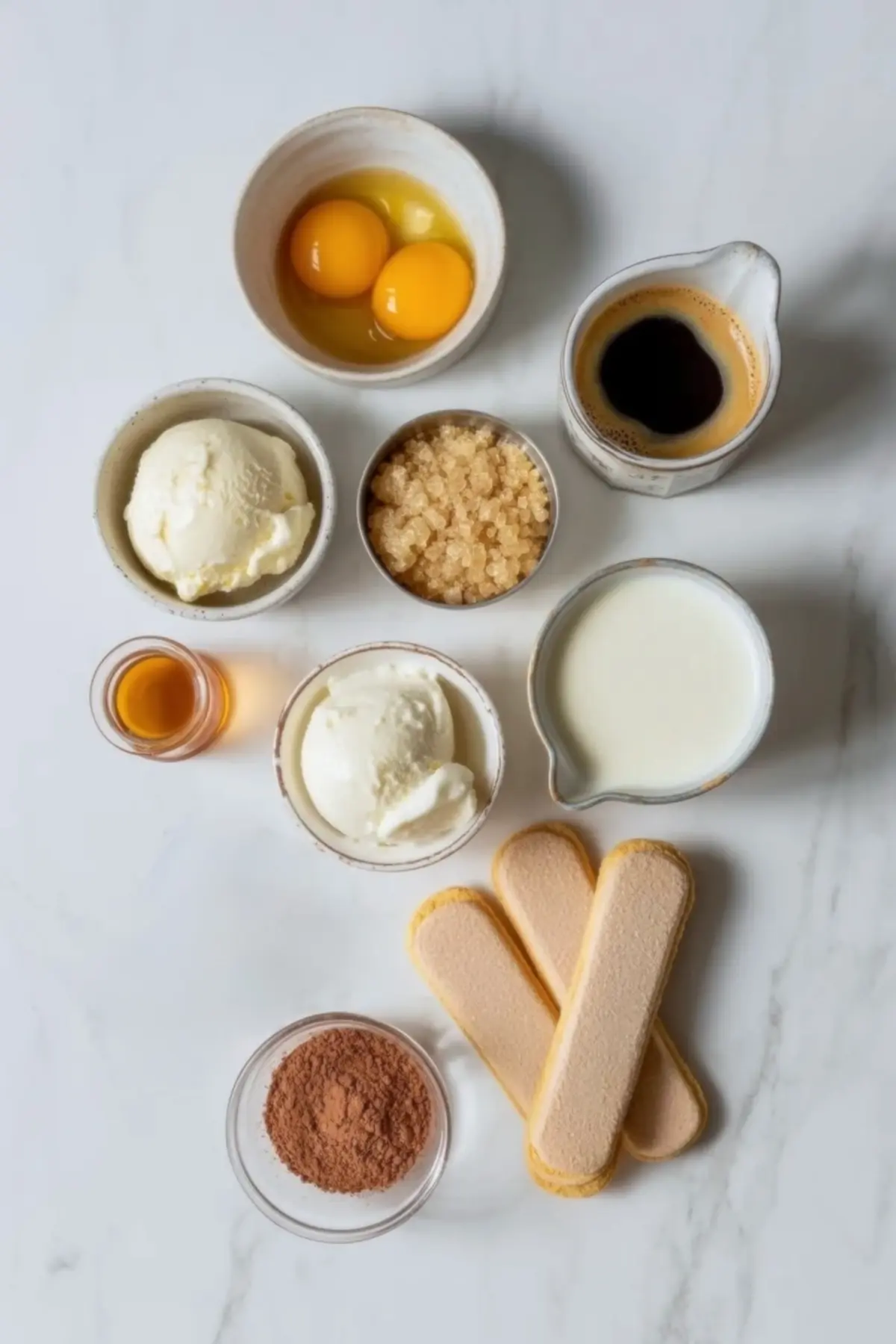 Ingredients for tiramisu ice cream are arranged on white marble with cream, milk, eggs, mascarpone, espresso, cocoa, ladyfingers, and sugar.